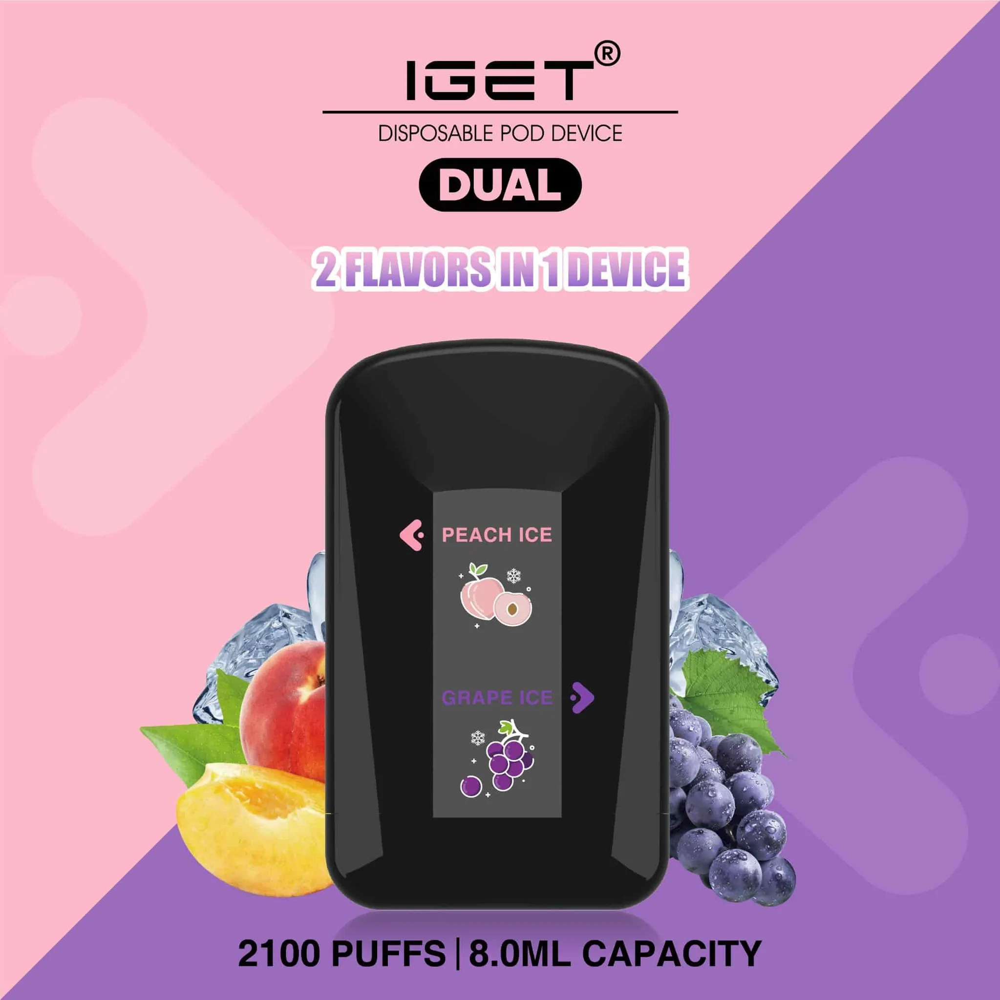 IGET DUAL 2 FLAVOURS IN 1 DEVICE PEACH ICE / GRAPE ICE – 2100 PUFFS