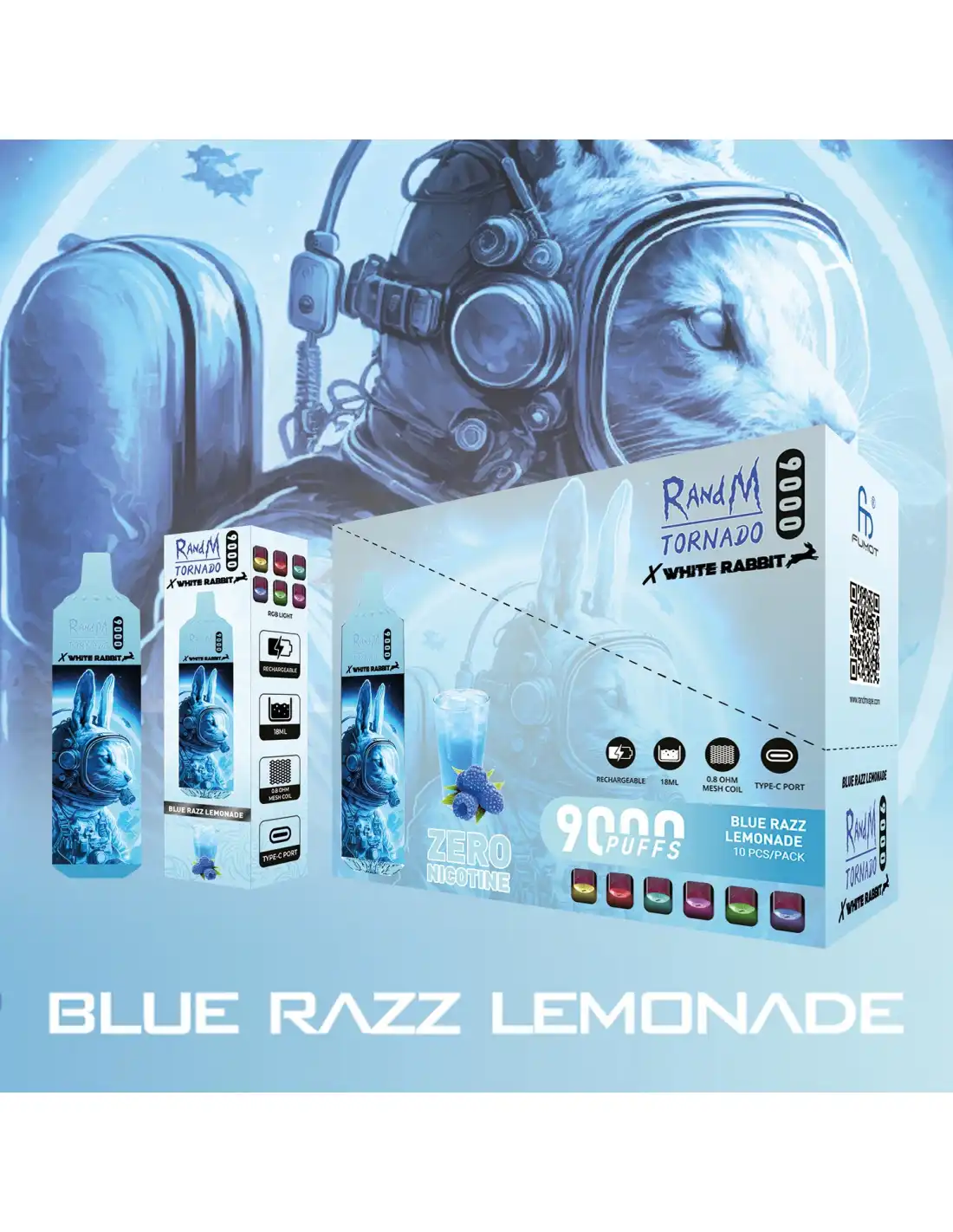 Blue Razz Lemonade – RandM TORNADO & White Rabbit – 9000 puffs - Image 2
